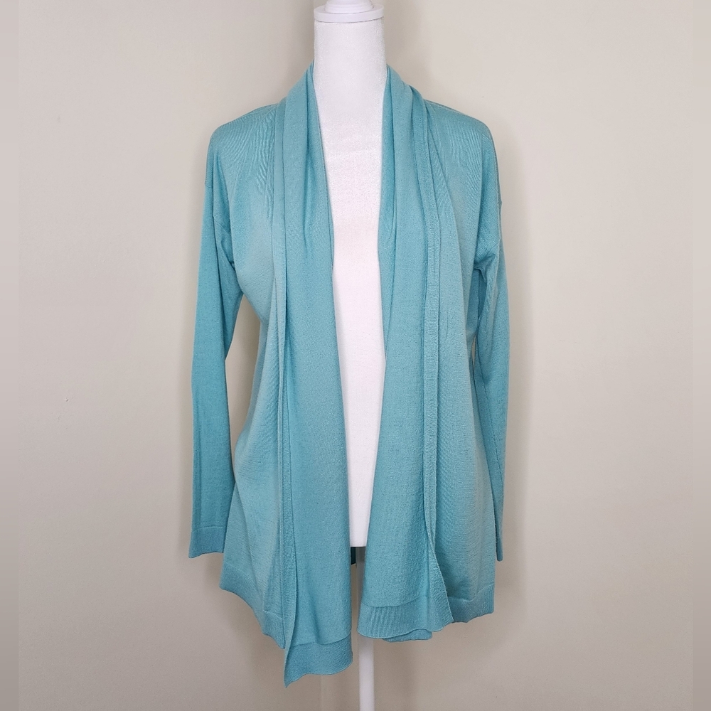 Per Se Featherweight Cashmere Blue Shawl Neck Open Front Cardigan Sweater Small